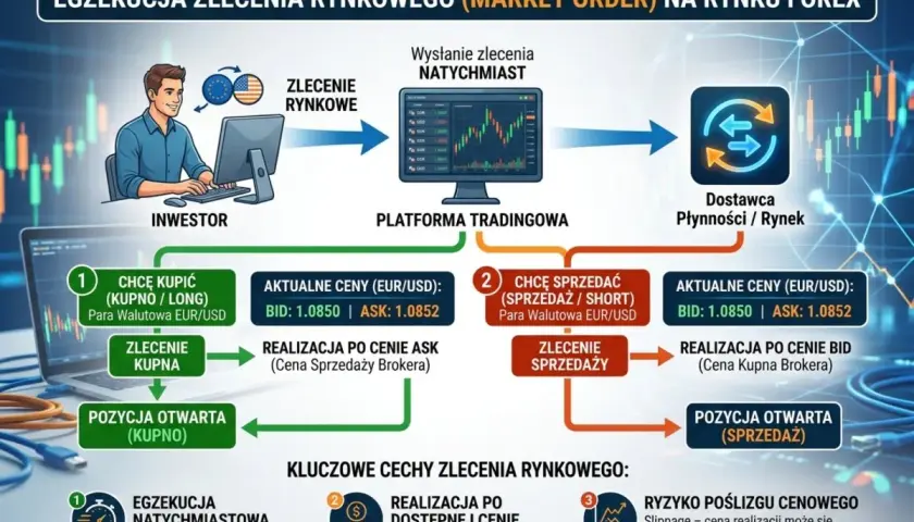 Trader, kto to? Inwestor wysyła zlecenie rynkowe przez platformę, by szybko kupić lub sprzedać walutę na rynku Forex.