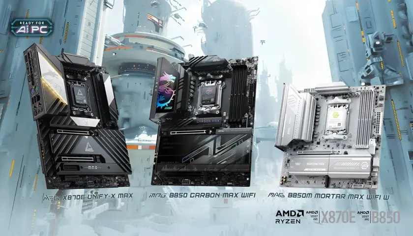 Drei MSI-Mainboards (X870E, B650, B650M) für AMD Ryzen Prozessoren, bereit für die AMD EXPO.