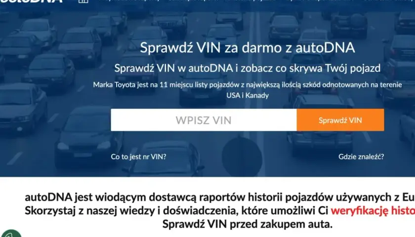 Sprawdź historię pojazdu z autoDNA. Wpisz numer VIN, by uzyskać wiarygodne autodna opinie i weryfikację auta przed zakupem.