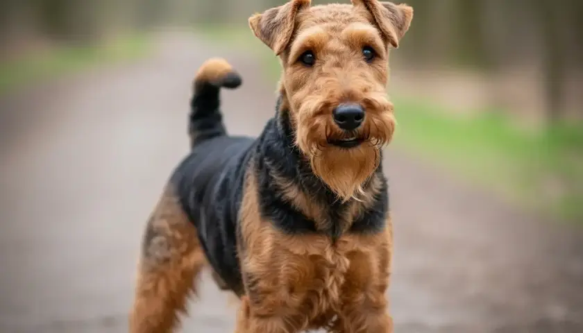 Ein aufmerksamer Welsh Terrier steht auf einem Weg im Wald.