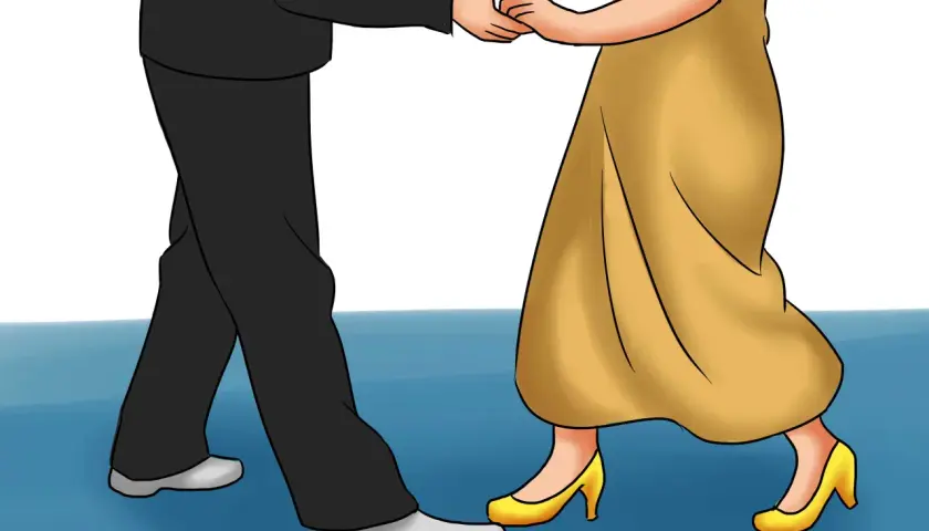 Coppia che balla bachata, lui in abito scuro, lei in vestito giallo. I loro piedi si muovono con grazia sul pavimento blu.