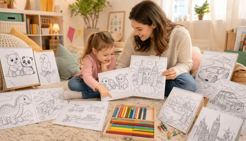 Niña y madre disfrutan de un libro de **osito para colorear** y otros dibujos. Crayones listos para dar vida a la imaginación.