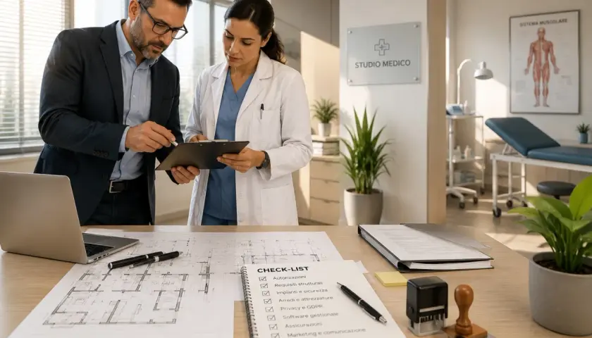 Uomo e donna esaminano documenti in uno studio medico in Sicilia, verificando i requisiti per l'avvio.