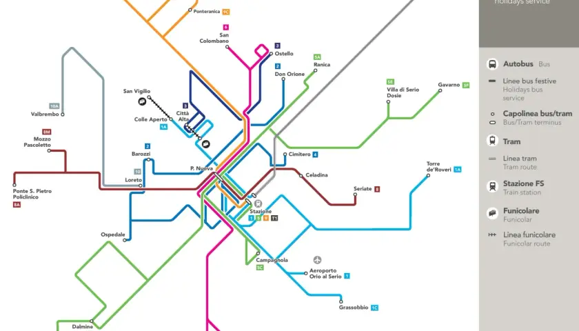 Mapa komunikacji miejskiej Bergamo z zaznaczonymi liniami autobusowymi i tramwajowymi, stacjami i capolineami.