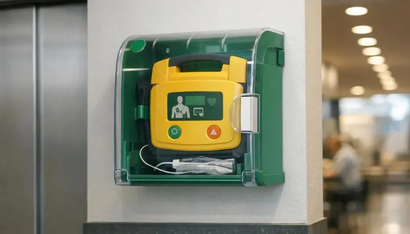 Żółty AED w zielonej obudowie, gotowy do użycia w razie nagłego wypadku. To urządzenie ratujące życie, aed co to? To automatyczny defibrylator zewnętrzny.