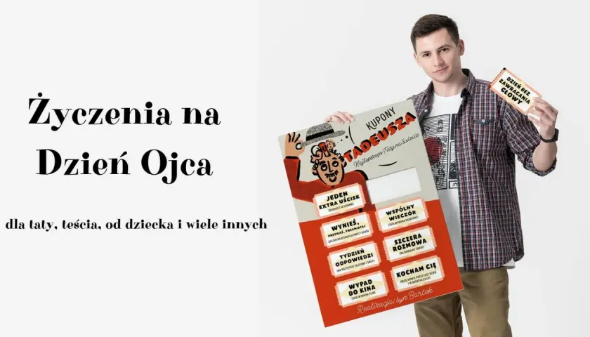 Mężczyzna trzymający kupony na Dzień Ojca z napisem "Życzenia na Dzień Ojca".