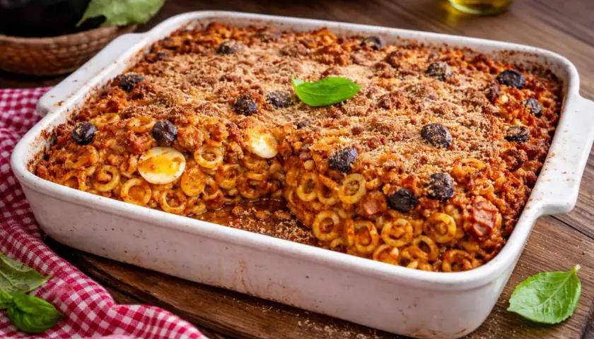 Piatto fumante di anelletti alla siciliana, con uova sode, olive nere e croccante panatura.