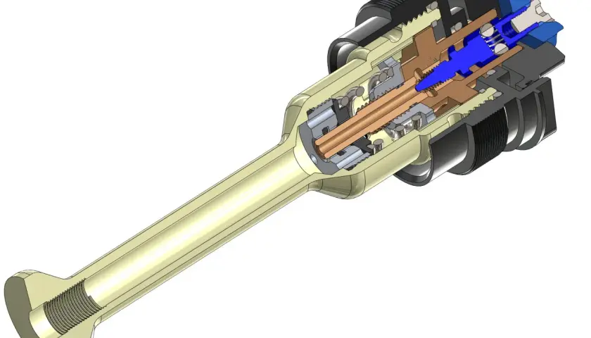 Cutaway view of a mechanical component, possibly a valve or actuator, with internal gears and blue piston. This push hc97 mechanism shows intricate engineering.