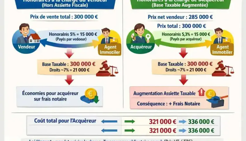 Comparaison des frais d'agence immobilière vente : vendeur paie ou acquéreur paie, impact sur le coût total.