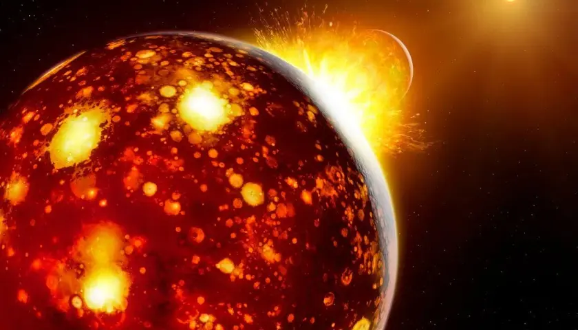 Zderzenie planety Theia z młodą Ziemią, tworzące ogromny wybuch i wyrzucające materię w kosmos.