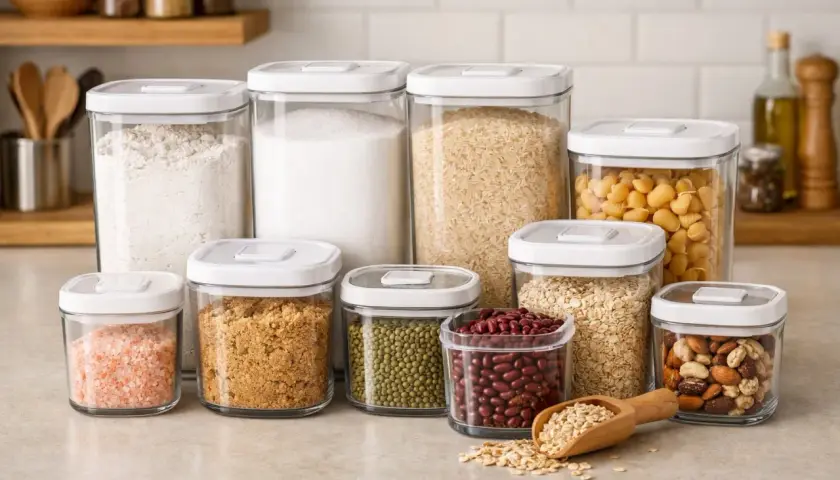 Verschiedene Behälter zur Aufbewahrung von Lebensmitteln, darunter Mehl, Zucker, Reis, Nüsse und Hülsenfrüchte. Perfekt, um trockene Zutaten frisch zu halten.