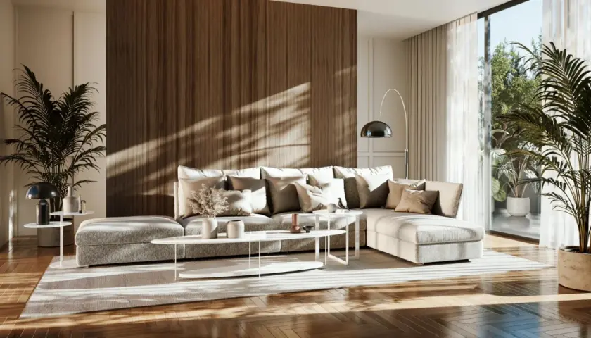 Przytulny salon w stylu japandi z dużą, szarą sofą, drewnianą ścianą i roślinami.