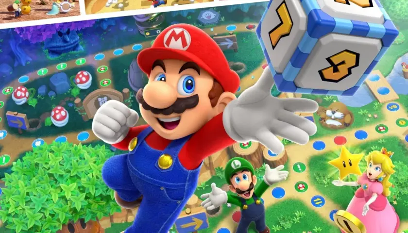 Mario, Luigi i Peach grają w Super Mario Party, rzucając kostką na kolorowej planszy.