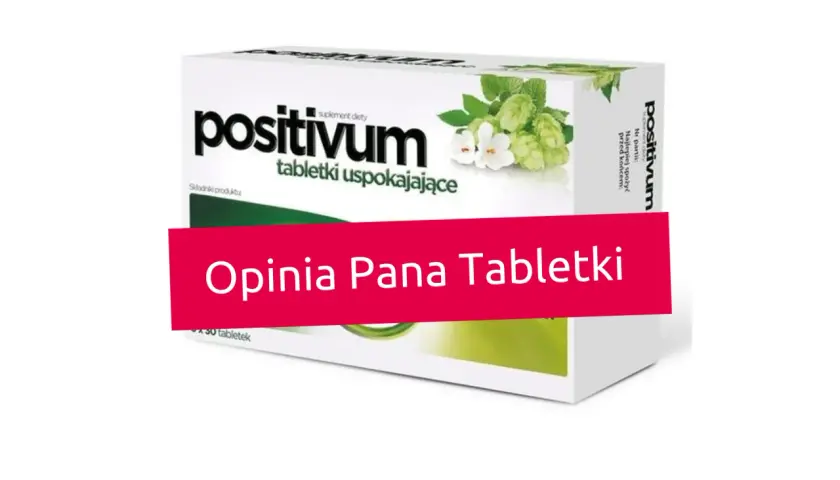 Opakowanie tabletek uspokajających "positivum" z chmielem i melisą. Pan Tabletki poleca jako najmocniejszy lek na uspokojenie bez recepty.