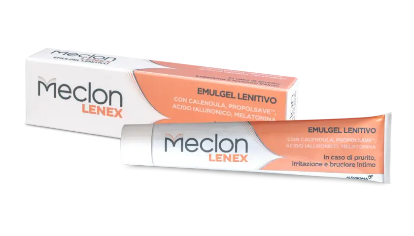 Meclon Lenex Emulgel Lenitivo, ideale per prurito intimo senza perdite, con calendula e acido ialuronico.
