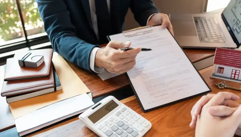 Biznesmen analizuje umowę kredytową, obok leży kalkulator z kwotą 40000.