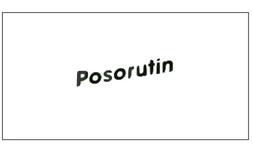 Napis "Posorutin" w kolorze czarnym, lekko pochylony, na białym tle.