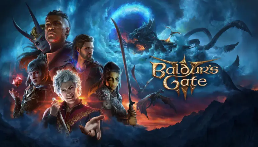 Personnages de Baldur's Gate 3, dont un homme aux cheveux argentés tenant une dague, une femme orque, un homme à la peau sombre et une elfe aux cornes, sur fond de ciel orageux et de dragons.