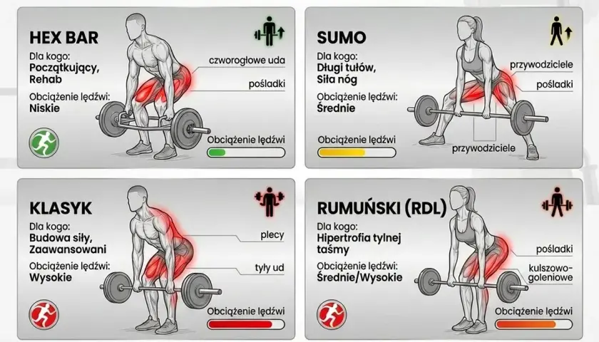 Ilustracja przedstawia cztery rodzaje martwego ciągu: Hex Bar, Sumo, Klasyk i Rumuński (RDL), z opisem grup mięśniowych i obciążenia lędźwi.