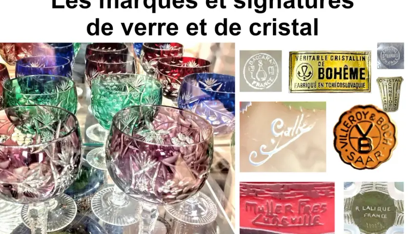 Verre coloré et signatures de cristalleries, dont une signature Gallé.