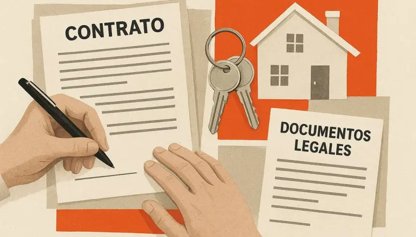 Man firmando un contrato de arras para comprar una casa, con llaves y documentos legales.
