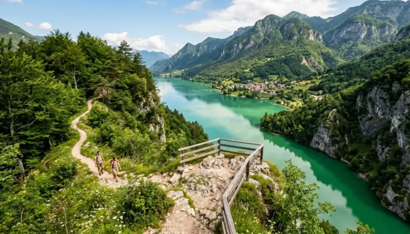Sentiero panoramico sul lago di Val Cellina a Barcis, con escursionisti e montagne verdi.
