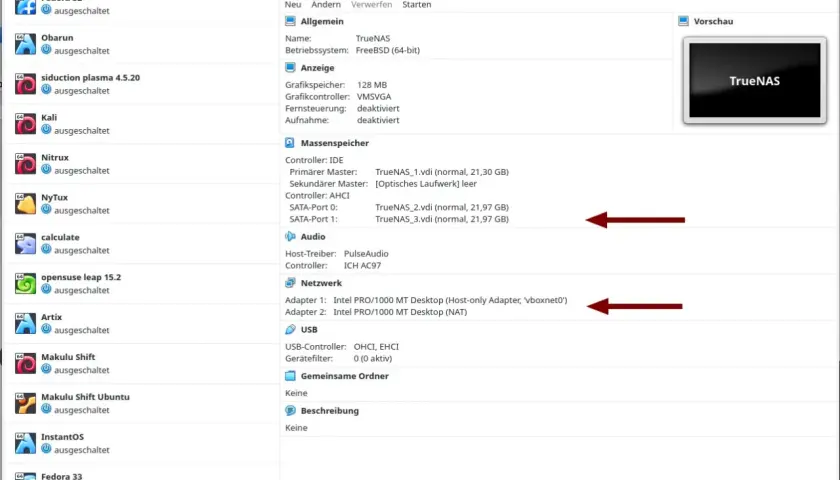 VirtualBox Manager zeigt die Konfiguration von TrueNAS, einer Alternative zu FreeNAS, mit Details zu Speicher und Netzwerk.