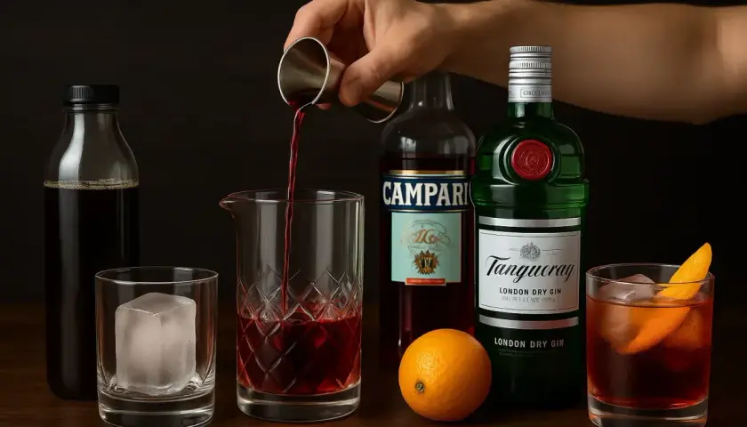 Składniki do koktajlu: gin, Campari, wermut, pomarańcza, lód i ciemny płyn.