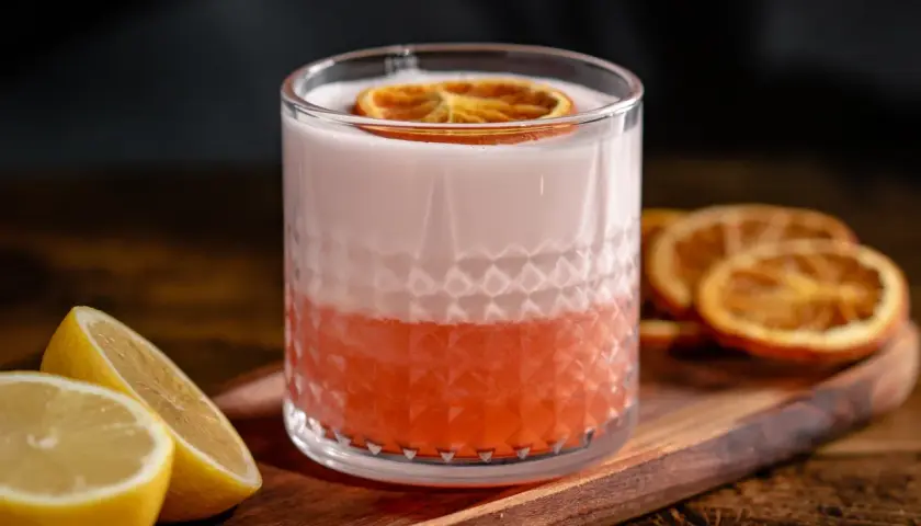 Erfrischender Aperol Sour mit Zitronenspalten und getrockneten Orangenscheiben. Ein tolles Aperol Sour Rezept für den Sommer.