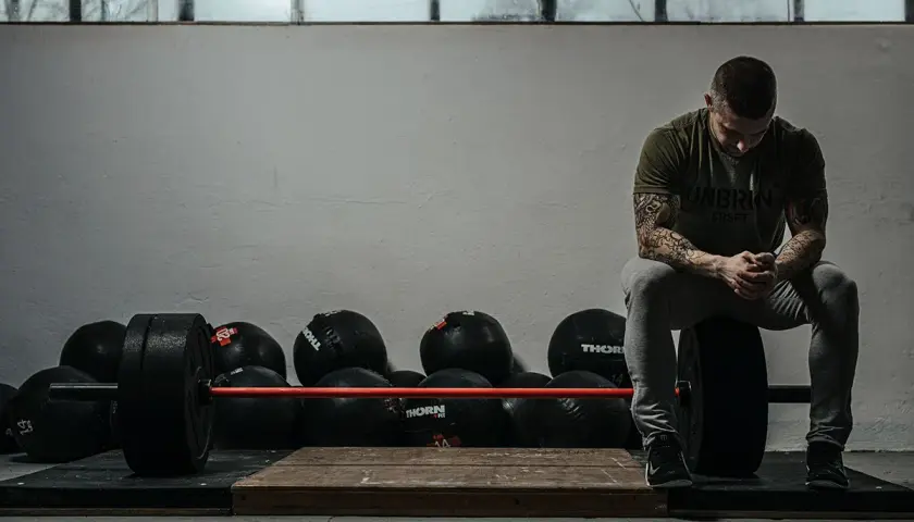 Mężczyzna z tatuażami siedzi na talerzu obciążeniowym, gotowy do treningu crossfit w domu. Obok sztanga i piłki lekarskie.