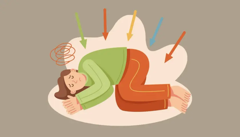 Person liegt am Boden, von Pfeilen umgeben, die auf sie zeigen. Spiralen über dem Kopf deuten auf nitrosativen Stress und Überforderung hin.