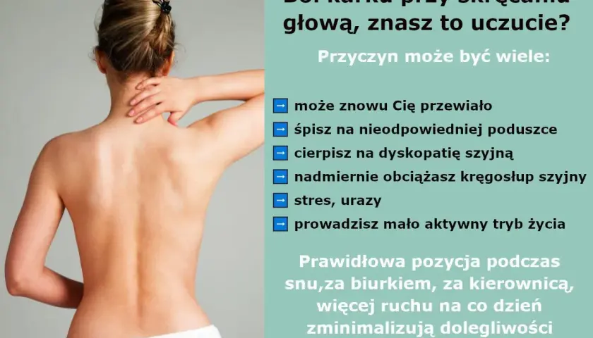 Kobieta masuje bolący kark. Przyczyną może być przewianie, zła poduszka, dyskopatia, stres lub siedzący tryb życia.