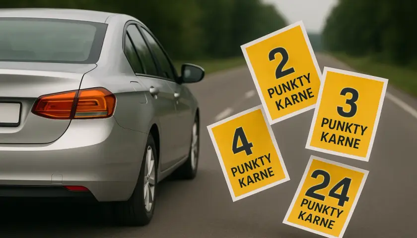 Srebrny samochód na drodze, obok unoszą się kartki z informacją, ile punktów karnych można mieć: 2, 3, 4 i 24.