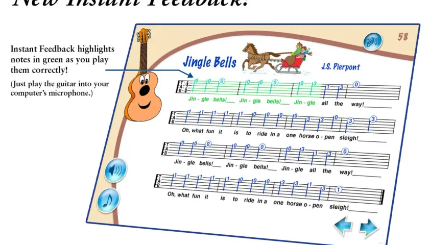 Proste piosenki na gitarę dla dzieci: "Jingle Bells" z podpowiedziami i animacją.