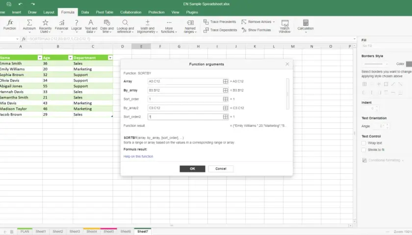 Excel mostra la funzione SORTBY per ordinare i dati in ordine crescente per nome, età e reparto.