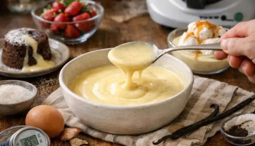 Crème anglaise onctueuse, la recette grand-mère parfaite pour accompagner un moelleux au chocolat ou des fruits rouges.