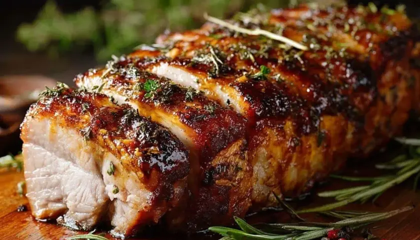 Un délicieux roti de porc au four, laqué et parsemé d'herbes, prêt à être dégusté.