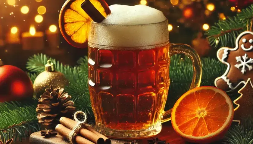 Une bière chaude de Noël, garnie d'une tranche d'orange et d'un bâton de cannelle, entourée de décorations festives et d'épices.