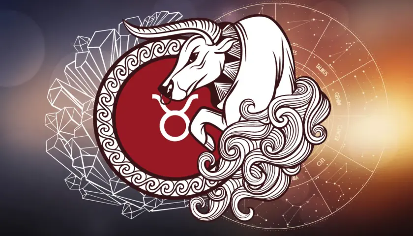 Symbol byka znaku zodiaku, otoczony kryształami i kołem zodiaku.