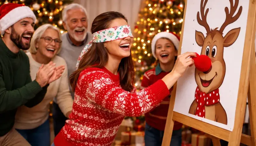 Una familia celebra el fin de año en familia con risas mientras una mujer con los ojos vendados intenta ponerle la nariz roja a un reno de cartón.