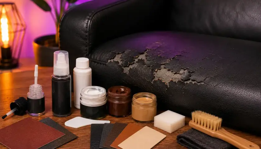 Kit de réparation pour simili cuir abîmé. Des produits pour nettoyer et recolorer, une éponge, une brosse et des échantillons pour savoir comment enlever de la colle sur du simili cuir.
