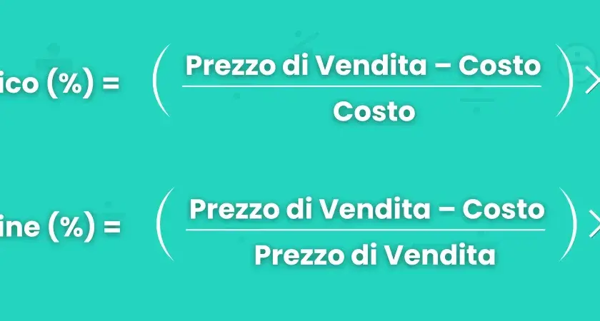 Formule per il calcolo ricarico percentuale e margine: (Vendita - Costo) / Costo * 100 e (Vendita - Costo) / Vendita * 100.