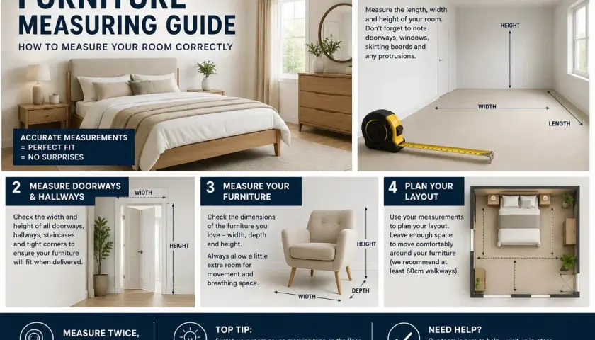 Furniture measuring guide showing how to measure rooms, doorways, and furniture to ensure perfect fit. Includes tips on planning layout and standard furniture dimensions.