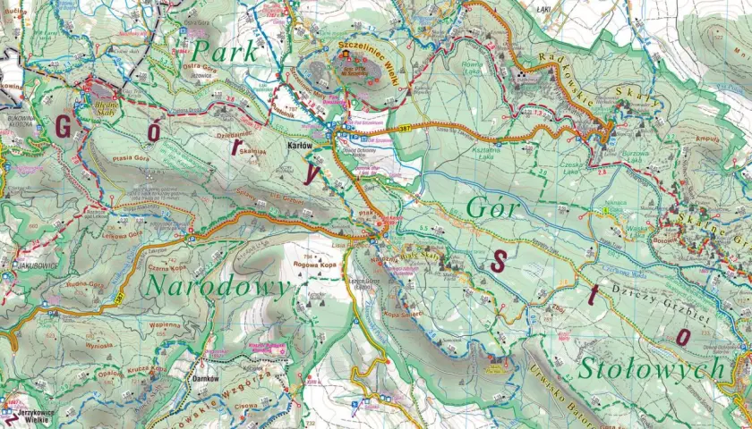 Góry Stołowe Polska: mapa turystyczna z zaznaczonymi szlakami, punktami widokowymi i atrakcjami.