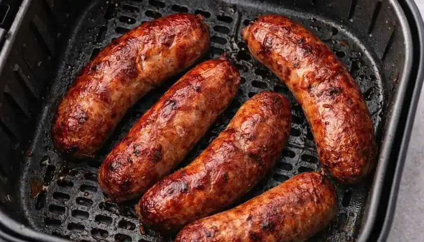 Salsiccia dorata e succulenta nella friggitrice ad aria, pronta per essere gustata.