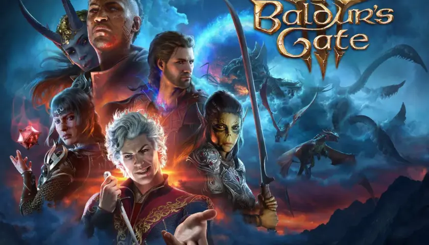 Postacie z gry **Baldur's Gate** w otoczeniu smoków i mrocznych chmur.