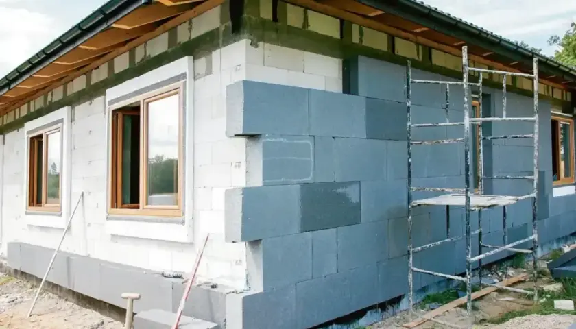 Budowa domu w toku. Szara warstwa izolacyjna na ścianie z bloczków. Sprawdzamy cenę ocieplenia za 1m2 robocizna.