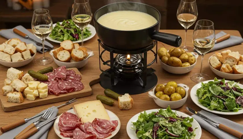 Un festin de fondue avec pain, charcuterie, pommes de terre et salade verte. Un accompagnement parfait pour une soirée conviviale.