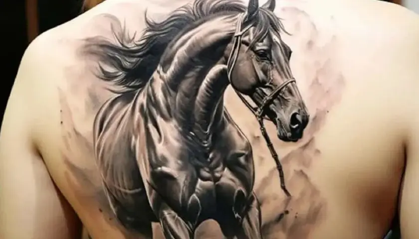 Realistyczny tatuaż konia na plecach. Symbolizuje wolność, siłę i pasję. To znaczenie tatuażu konia jest uniwersalne.