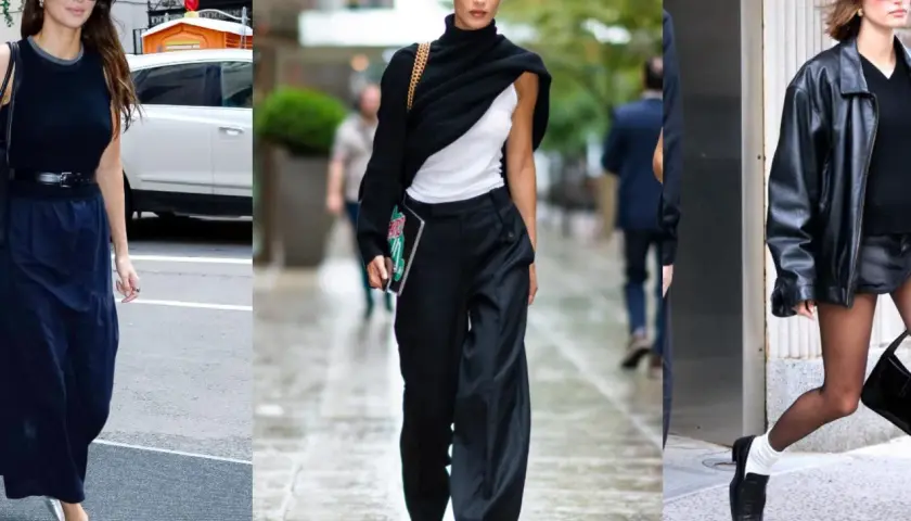 Tres mujeres con looks para hacer turismo urbano: Kendall Jenner con falda larga, Bella Hadid con pantalones anchos y Hailey Bieber con falda corta y chaqueta de cuero.